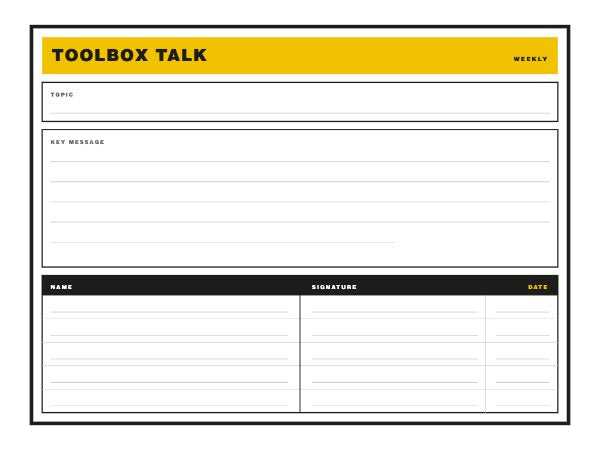 Toolbox talk board: hazard yellow header, topic field, key message area and a five row attendance list with signature lines