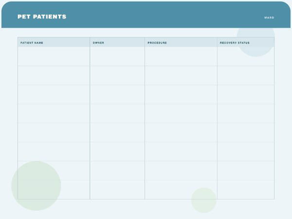 Vet ward board: four-column grid on soft blue with pastel circles behind
