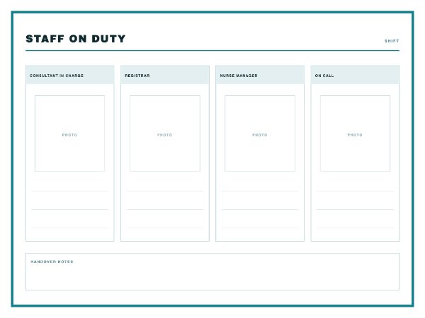 Ward staffing board: white with a teal frame and four photo slots