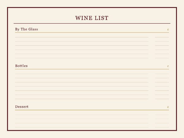 Wine list board: cream ground in a burgundy frame with By The Glass, Bottles and Dessert sections ruled for handwriting