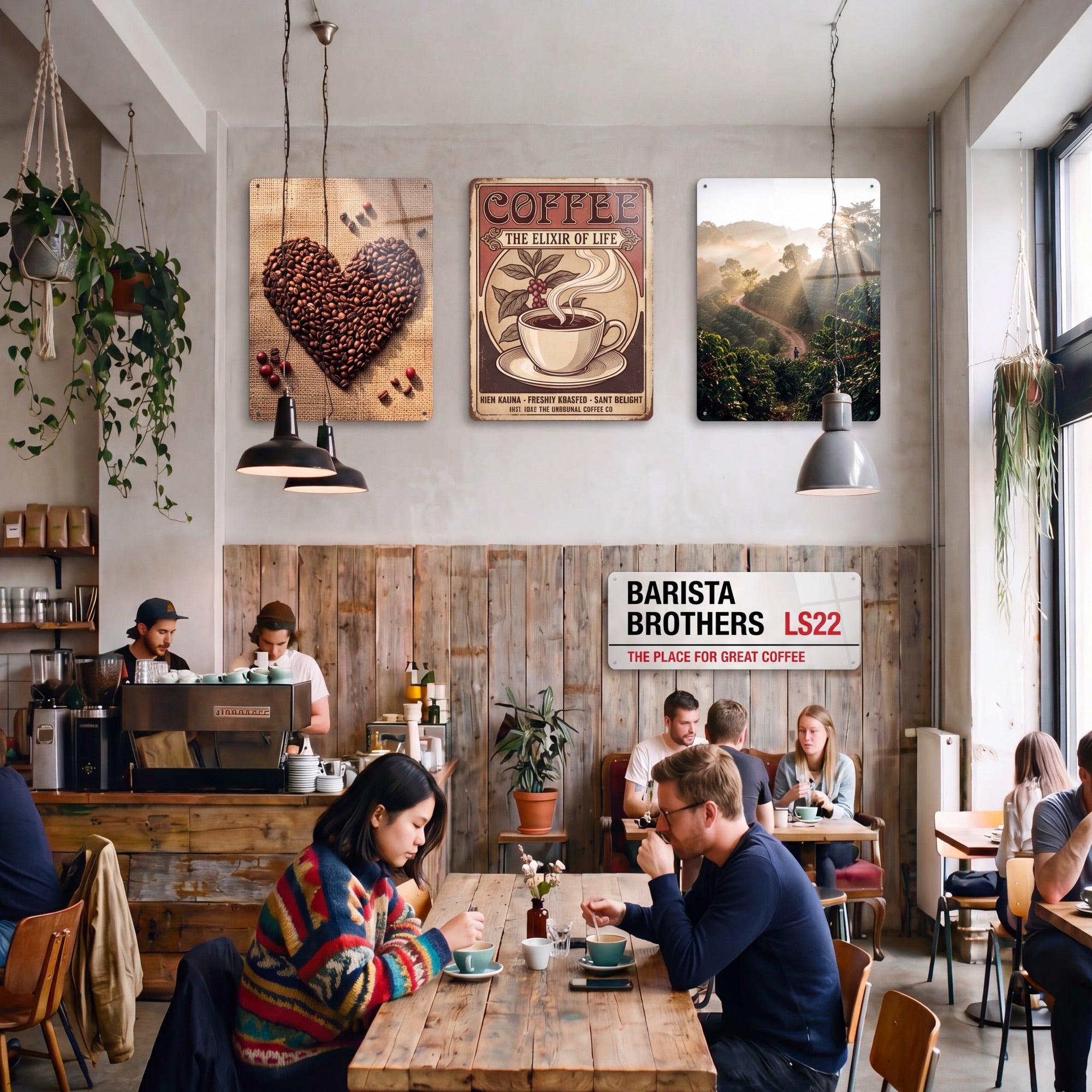 Coffee shop wall hung with branded steel panels above the counter