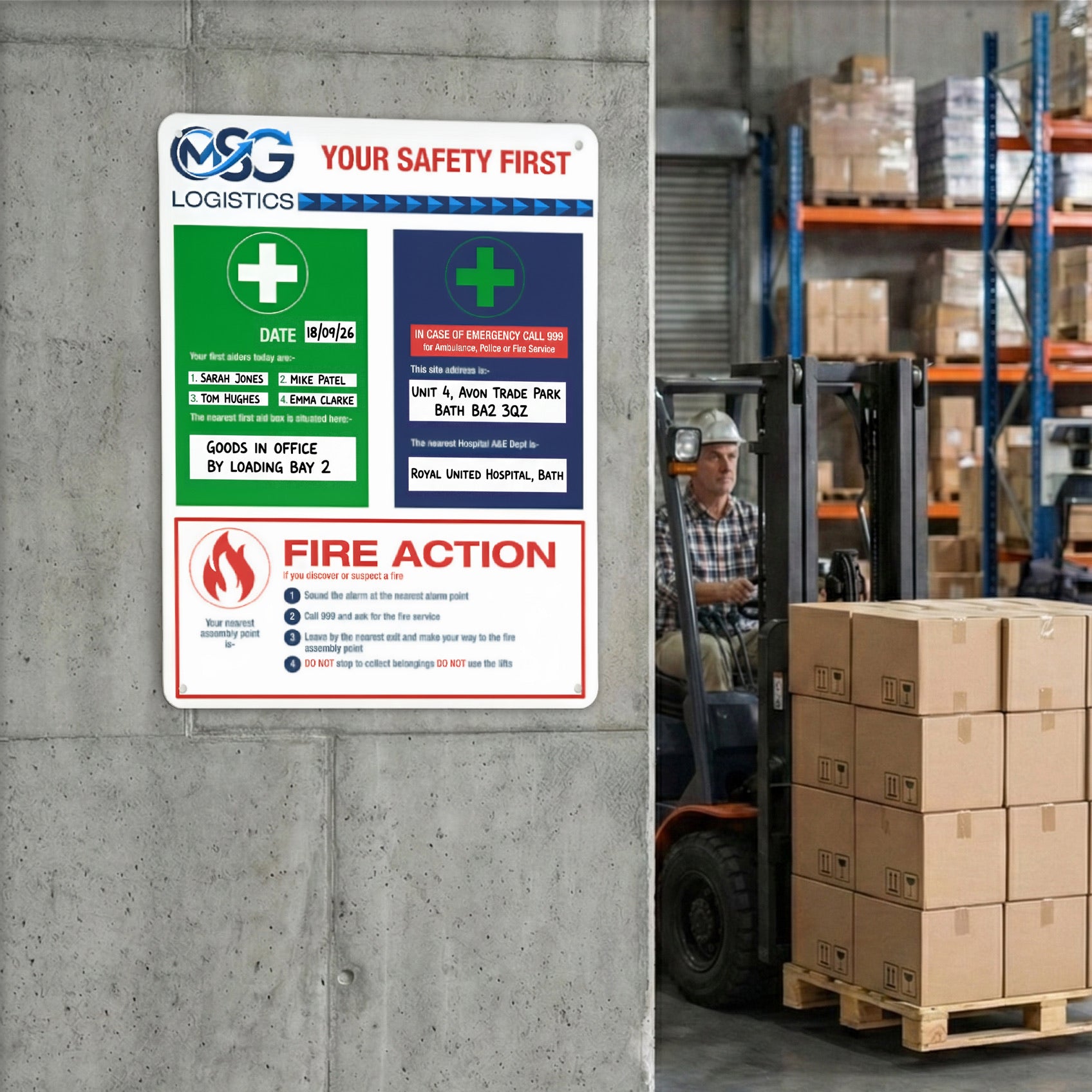 Site safety and fire action board on a warehouse wall, forklift at work