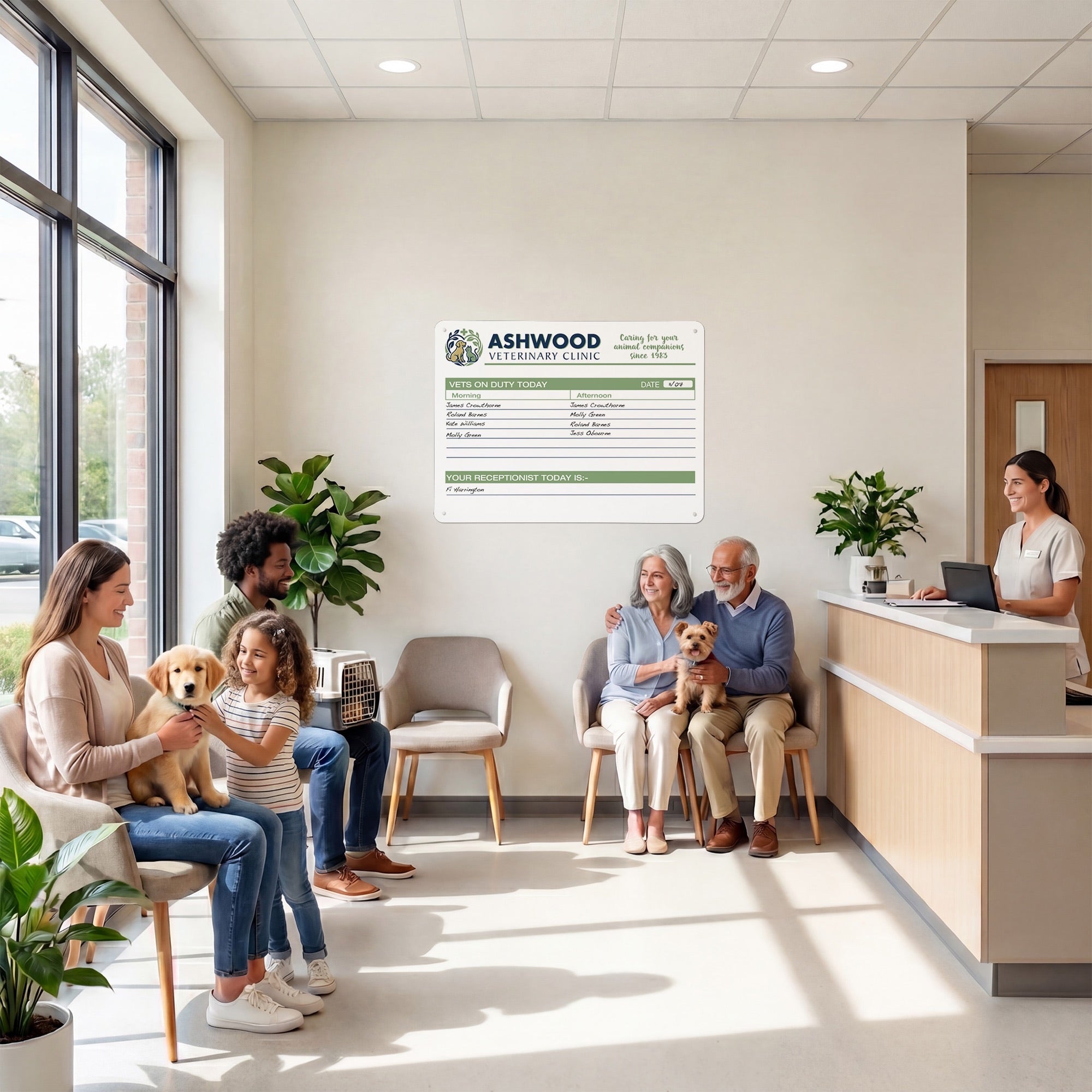 Vets on duty board in a veterinary clinic waiting room
