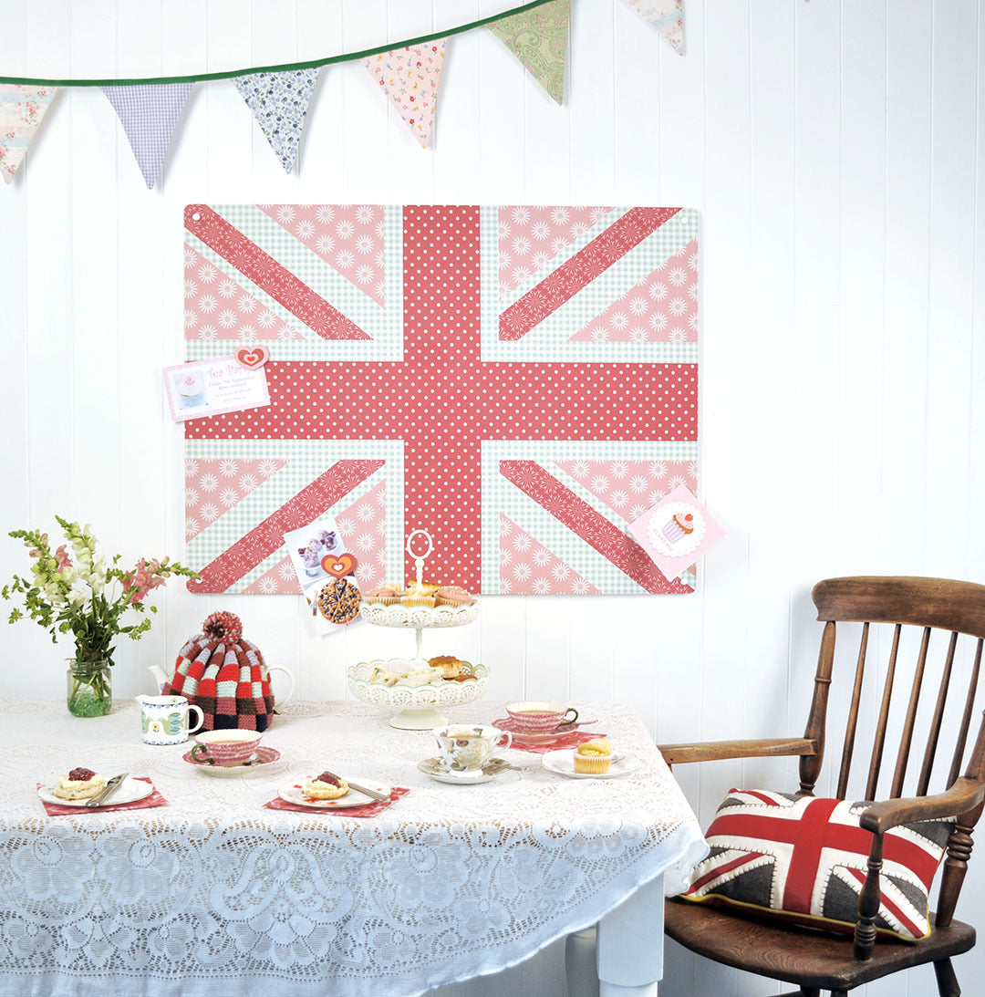 Vintage Union Jack magnetic board in a tearoom