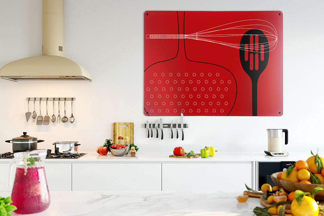 Red utensils magnetic board in a contemporary kitchen