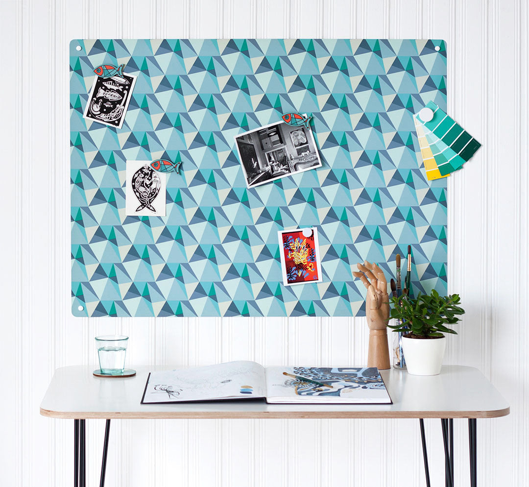 Magnetic panel in use above a desk
