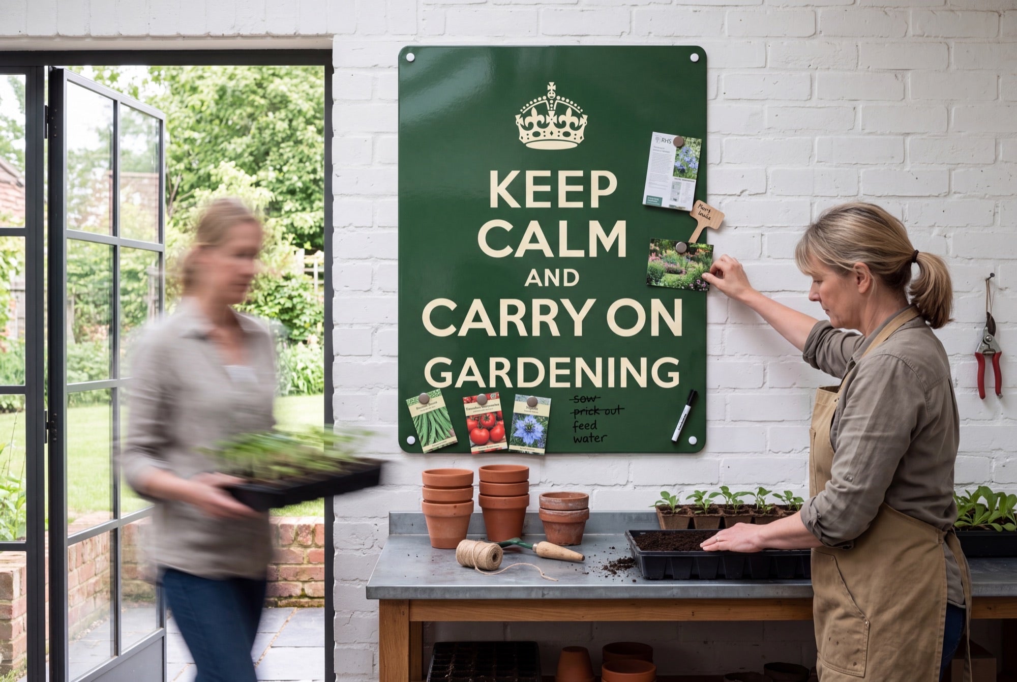 Keep Calm and Carry On board in a garden room