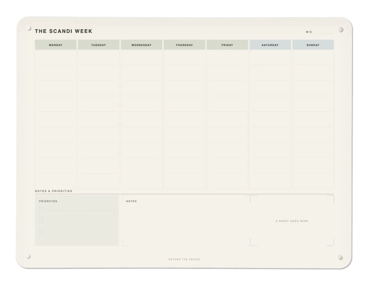 The Scandi Week board mounted on a wall: seven ruled day columns over a Notes and Priorities band