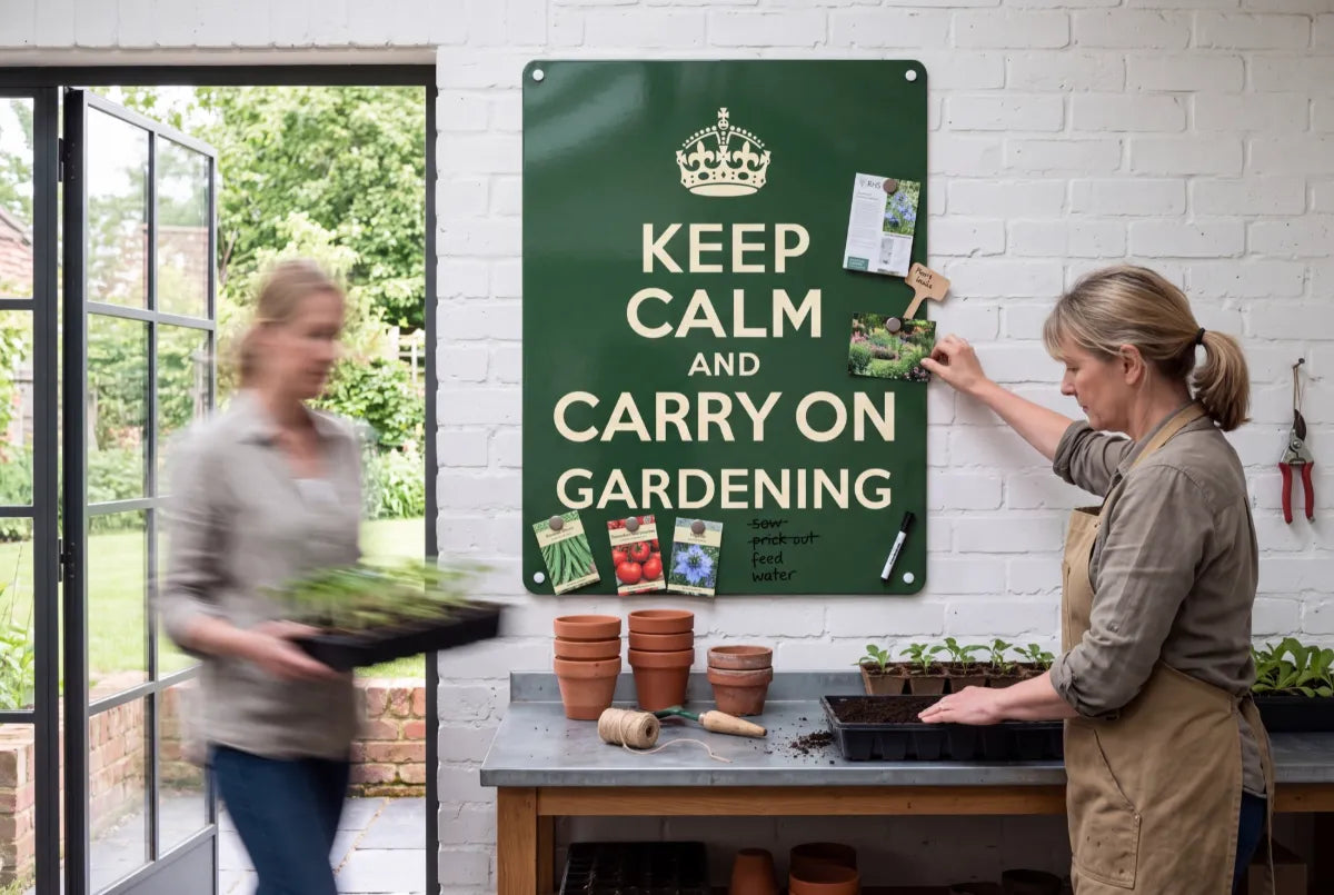 Keep Calm and Carry On board in a garden room