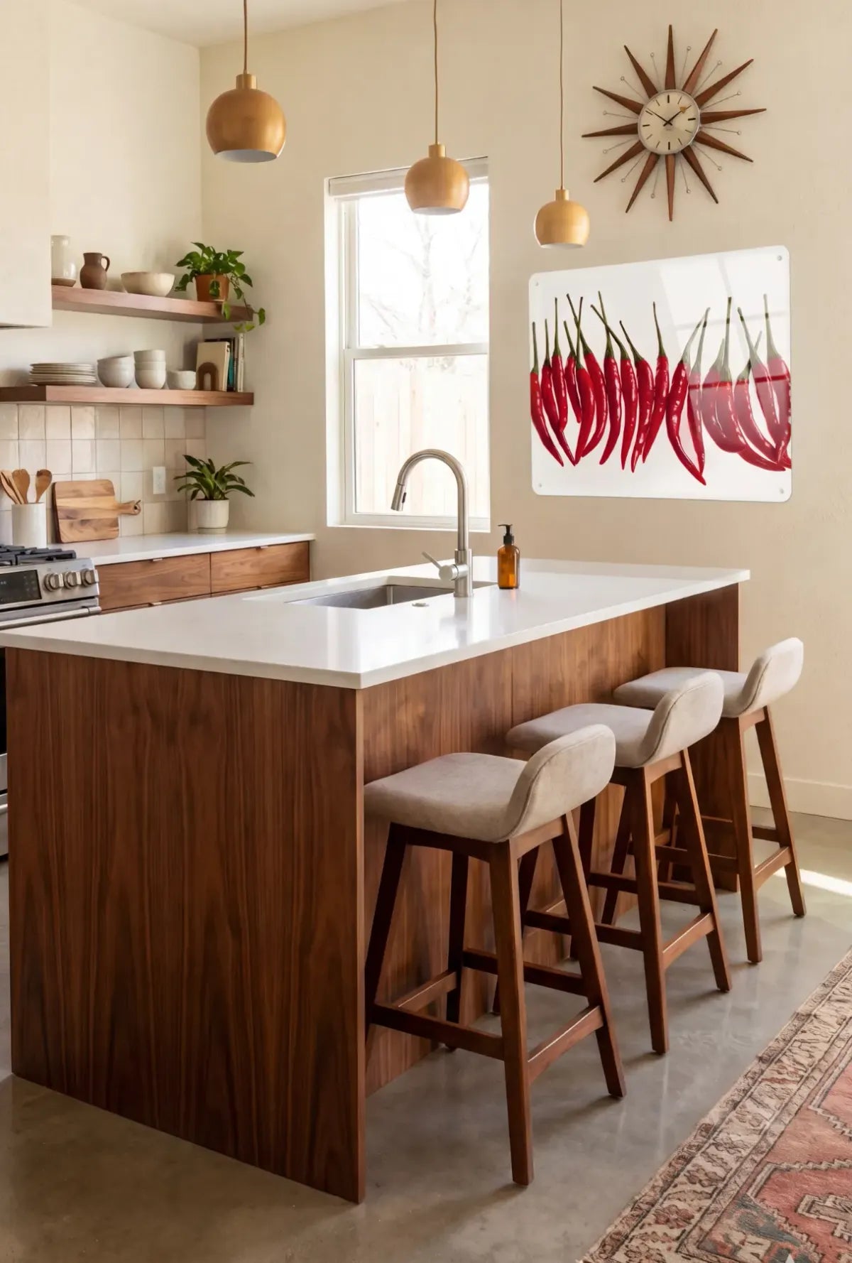 A photographic board of red chillies on the wall of a kitchen with a walnut island and bar stools.