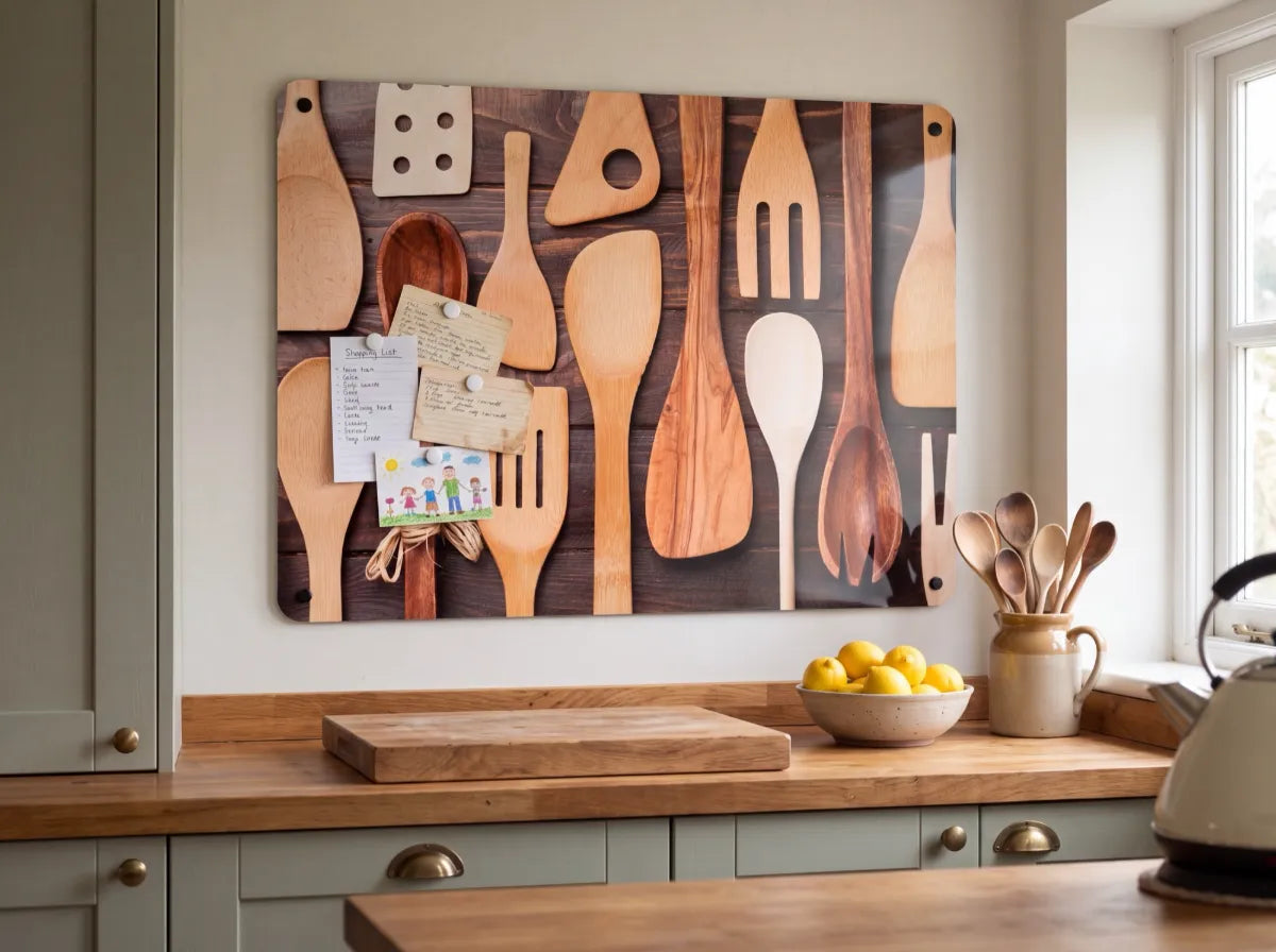 A sage green kitchen with a large magnetic board printed with wooden utensils, holding a shopping list, recipe cards and a child’s drawing under magnets