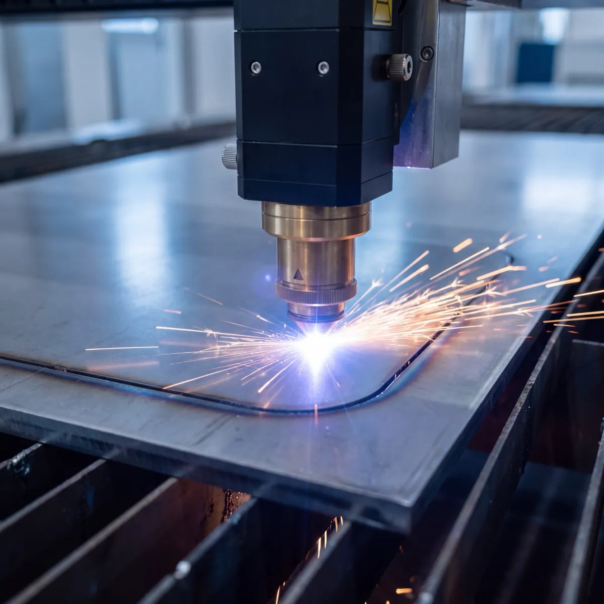 A laser cutting head tracing the rounded corner of a steel sheet, sparks flying