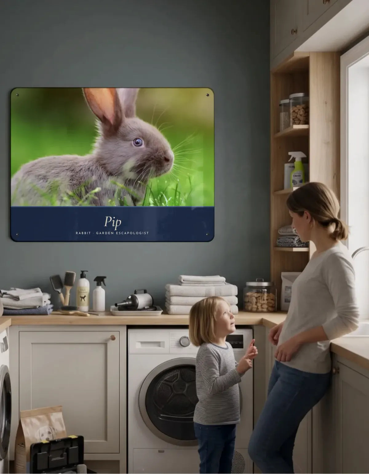 A portrait board of Pip the rabbit on a utility room wall, with a mother and her daughter looking up at it.