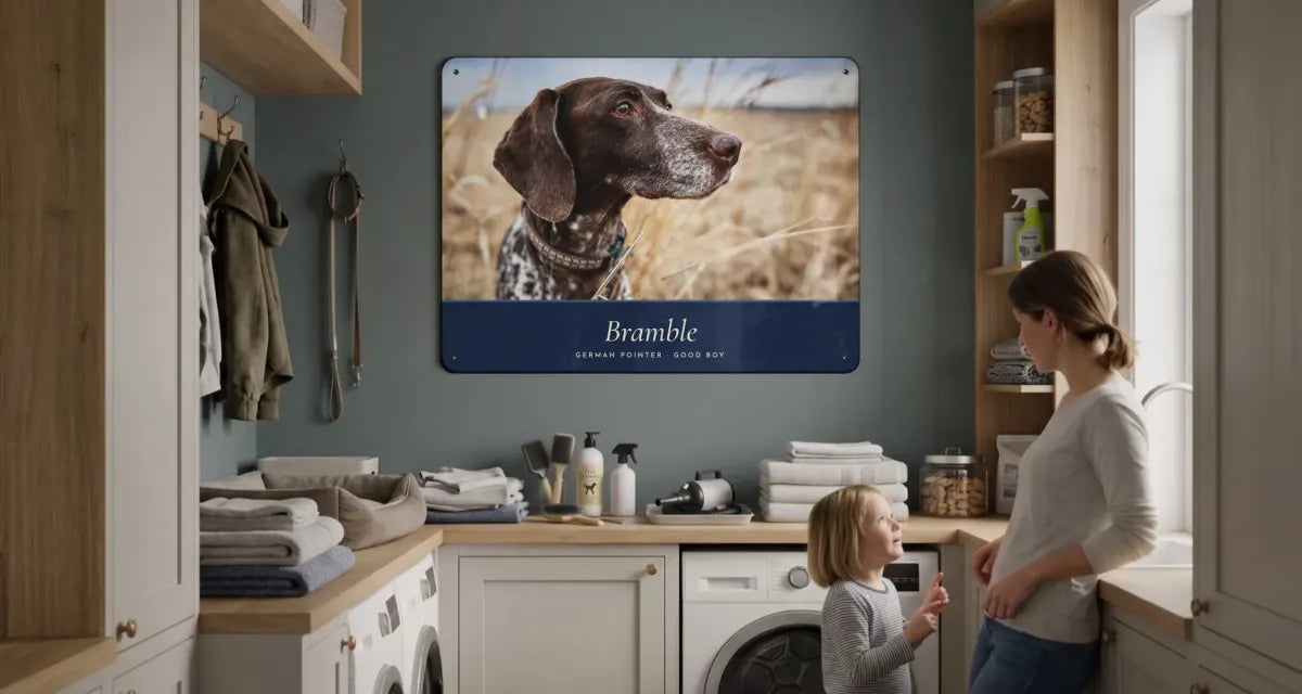 A utility room with a dog bed, towels and a jar of dog biscuits. A mother and her small daughter look up at a navy pet portrait board of a German pointer called Bramble.