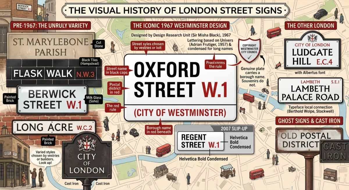 Illustrated history of London street signs: pre-1967 cut stone, black tiles, painted brick and milk glass; the 1967 Westminster design annotated; Albertus plates for the City of London and Lambeth; the 2007 Helvetica substitution; ghost signs and cast iron
