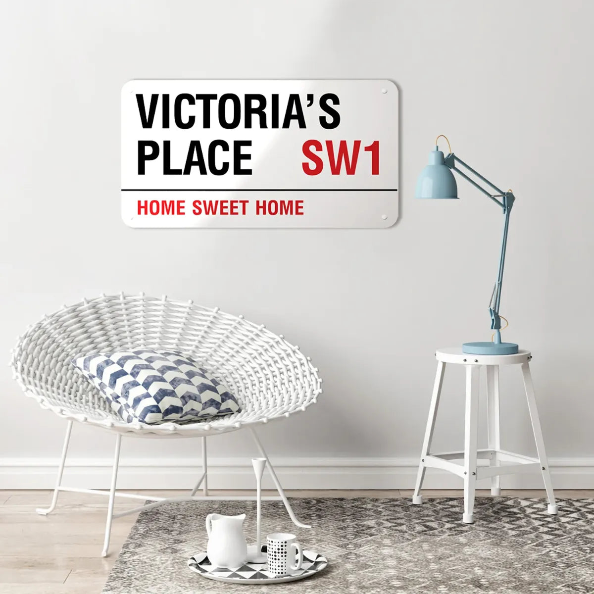 Personalised London street sign board above a chair