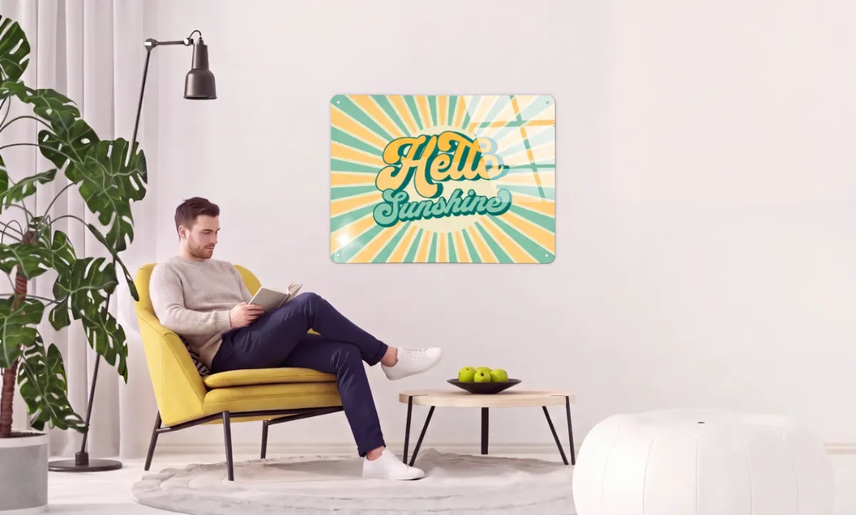 Hello Sunshine typographic panel in a living room