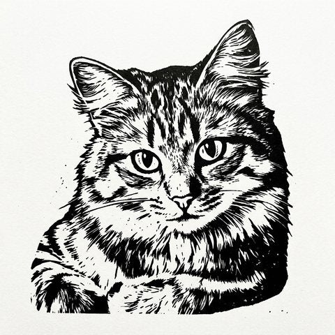 A cat portrait as linocut